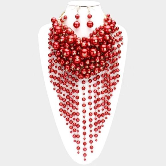 Pearl Strand Red Fringe Bib Necklace & Earrings - Picture 1 of 9
